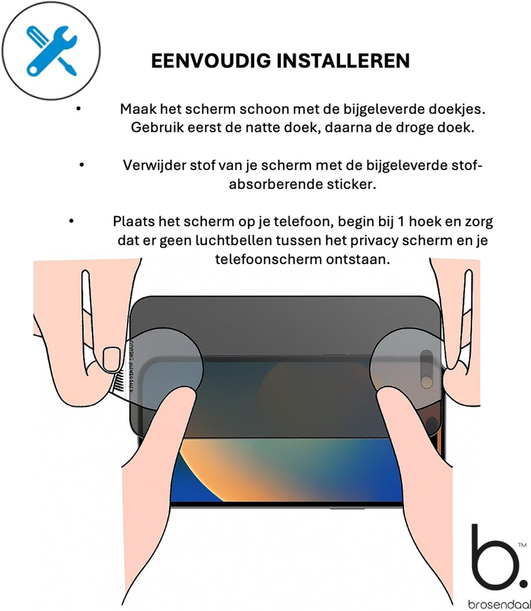 Brosendaal Privacy Screen Protector for I phone 15, anti-spy and scratch-resistant design.